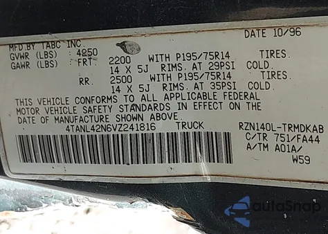 1997 Toyota Tacoma z USA, uszkodzony, nr VIN 4TANL42N6VZ241816